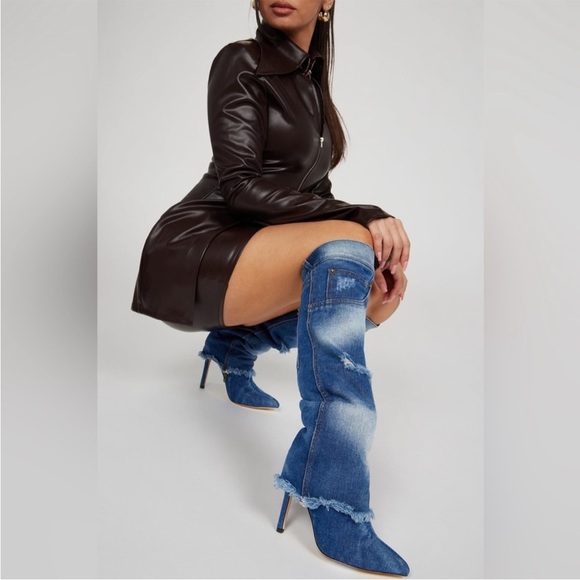 NEW Distressed Denim Pointed Knee High Heeled Zipper Boots Size 38, US 7 - Picture 2 of 15